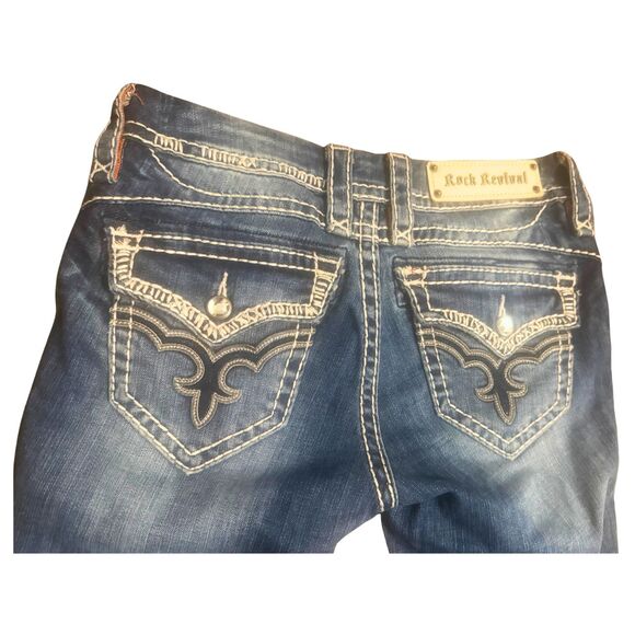 Y2K Rock Revival Faded Blue Denim Size 25 S M Edgy Alt McBling Bootcut Jeans - Picture 6 of 7